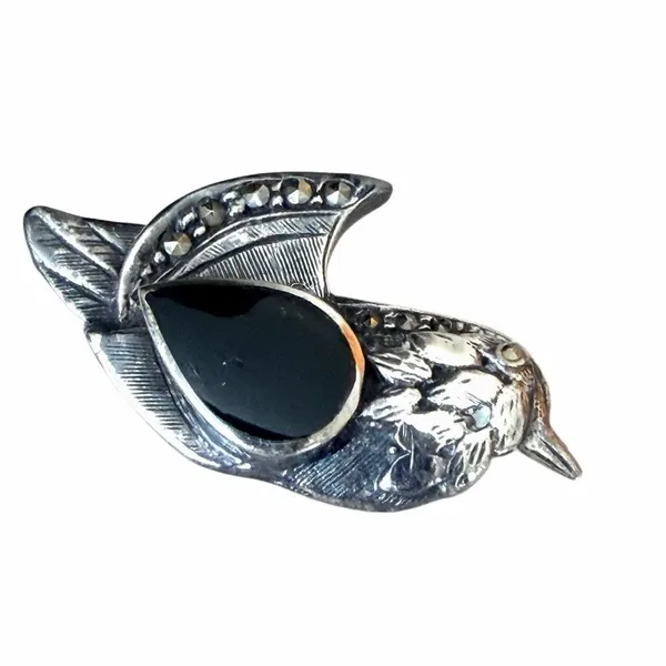 Vintage 925 Sterling Silver Black Onyx Marcasite Bird Brooch - Image 6
