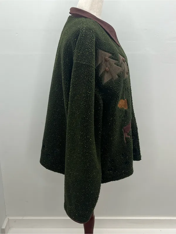 Cabelas Womens Green Moose Pine Tree Applique Cabin Core Sherpa Fleece Jacket XL - Image 7