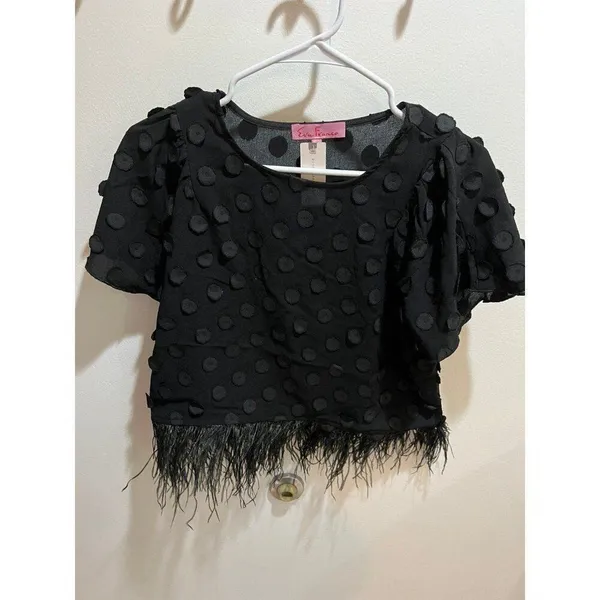 Anthropologie NWT XS Eva Franco Black Sheer Fabric Polka Dot Feathered Hem Top - Image 3