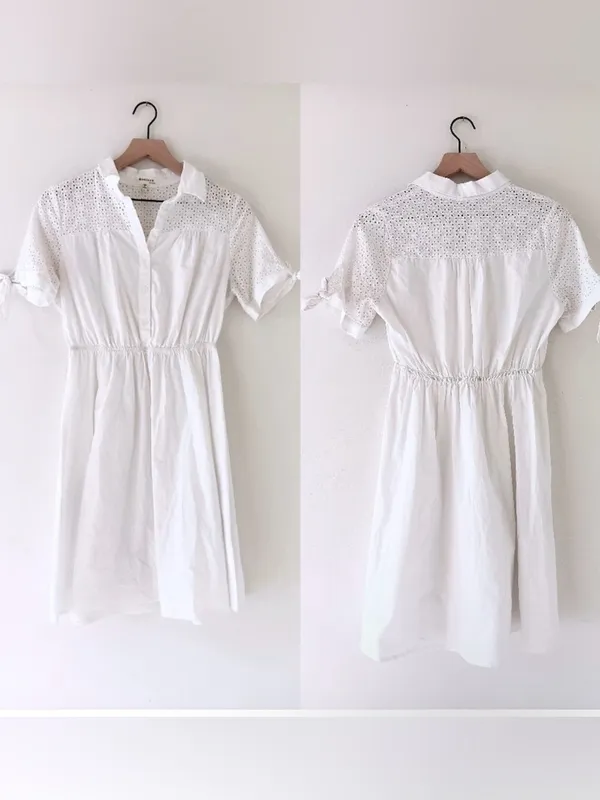 NEW Monteau White Eyelet Midi Dress buttons SMALL tie sleeve cottage womens - Image 2