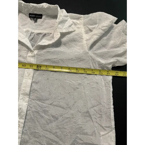 Modern Works White‎ Striped rhinestone Short Puff Sleeve Button Down Blouse - Image 4