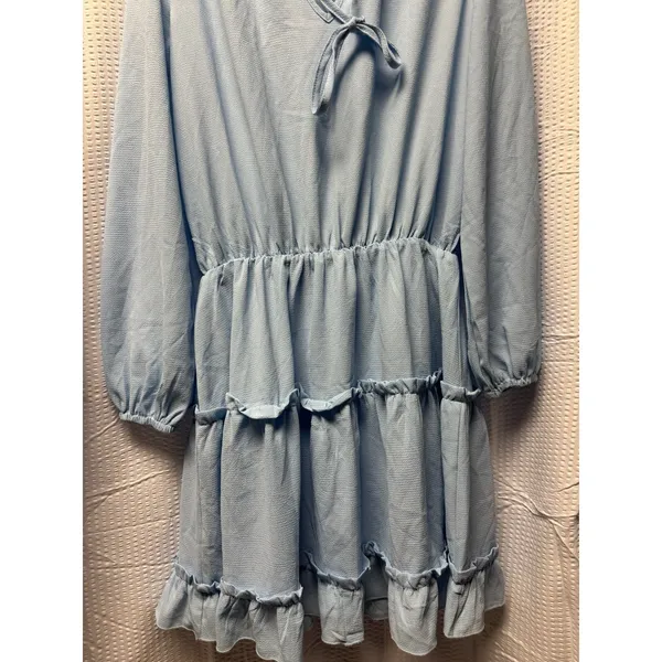 Women's Baby Blue Tiered Mini Dress Tie Front Balloon Long‎ Sleeve L - Image 3