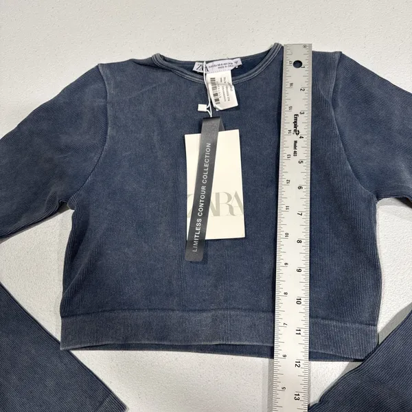 Zara Crop Top Crew Neck Pullover Stretch Long Sleeve Faded Blue Size XS Stylish - Image 5