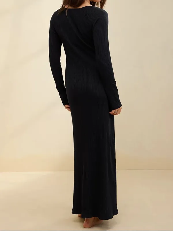 Aerie Ribbed Tie Front Maxi Dress Black Long Sleeve Knit Size S NWT - Image 5