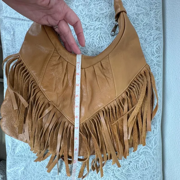 VTG Brown Genuine Leather Fringe Hobo Bag Boho Crossbody Made in Mexico Western - Image 7