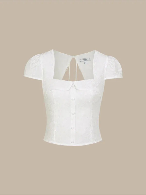 Rihoas White Square Neck Jacquard Blouse Size L - Image 5