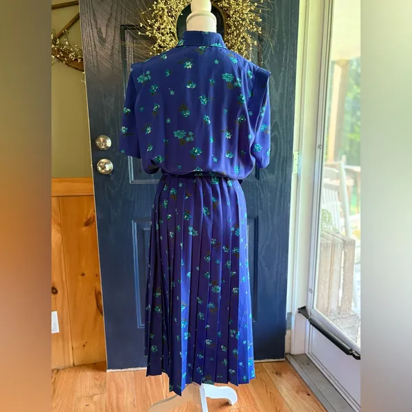 Blue Midi Dress 80s Blouson Floral Print Dress Button Back 80s Draped High Waist - Image 5