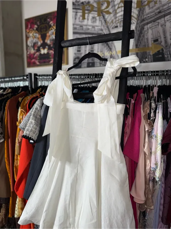 Dissh Aisle White Linen Bow Strap Mini Dress 100% Linen US 6 EUC - Image 12