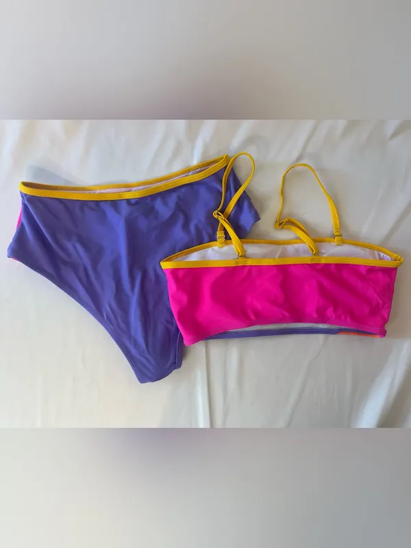 Colorblock Bandeau Bikini Set in Pink, Orange & Purple with Yellow Trim - Image 2