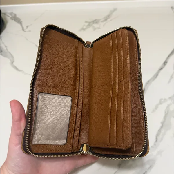 Michael Kors Brown and Gold Zip Wallet with MK Pull - Image 4