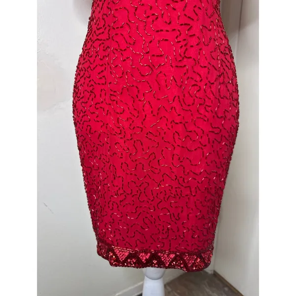 Vintage 80s AJ Bari Beaded Silk Cocktail Dress Red Sheath Petite 6 Holiday Prom - Image 2
