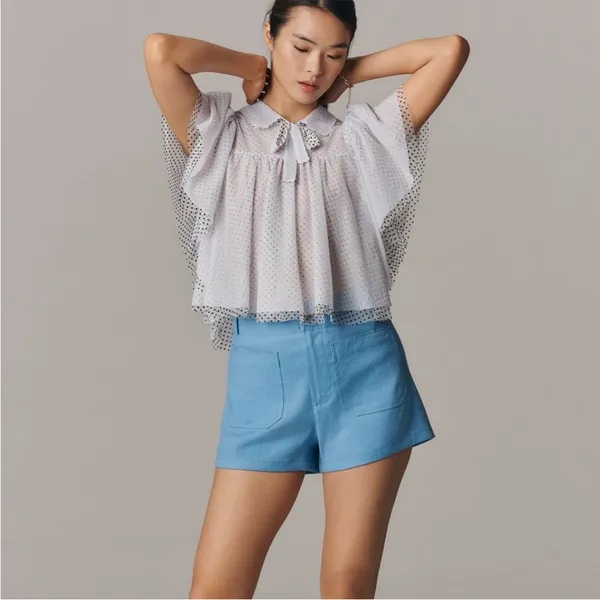 Anthropologie Maeve Short Sleeve Bow Collared Sheer Swing Blouse NWT Size XS - Image 4