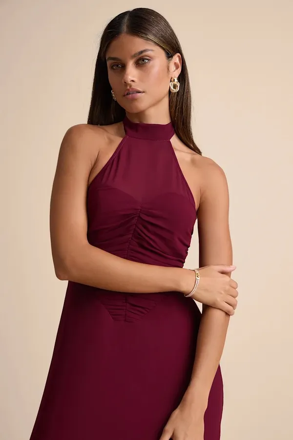 Lulu’s Cammie Burgundy Halter Neck Ruched Maxi Dress - Image 2