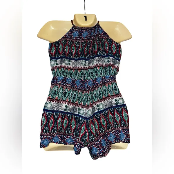 Boho Halter Romper in Teal, Burgundy & Navy Green Size L - Image 2
