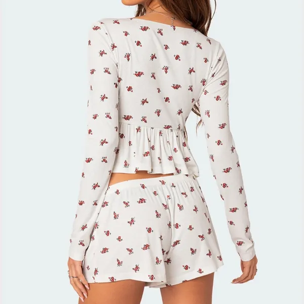 Edikted Floral Babydoll Long Sleeve Top Coquette Ribbed Bow Detail Size Medium - Image 5