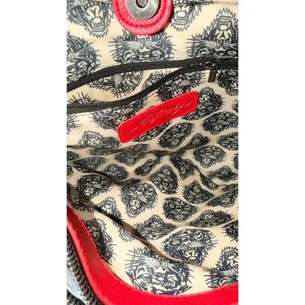 Ed Hardy Panther Tattoo Tote Bag Black Red Shoulder Purse Built-In Zip Pouch - Image 9