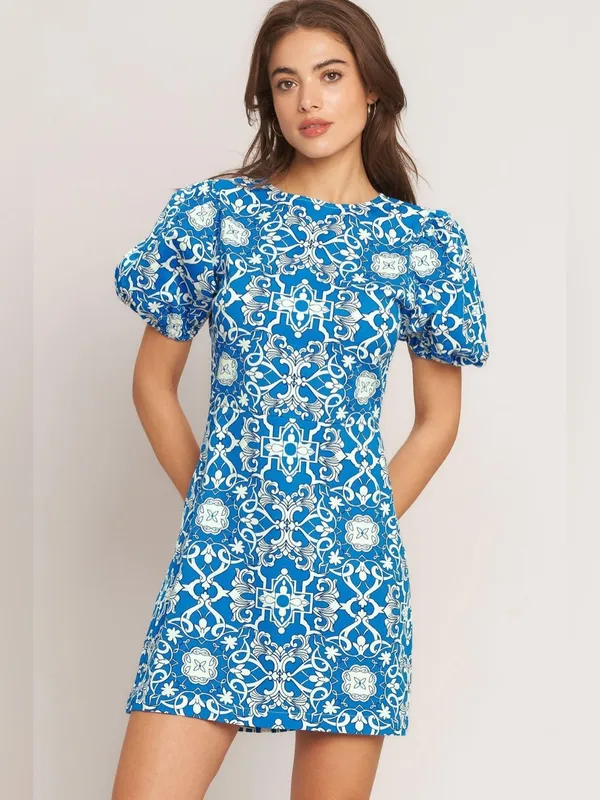 Flying Tomato White Blue Puff Sleeve Dress Medium - Image 2