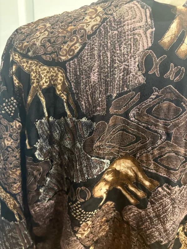 Art wear chenille double sided jacket giraffe elephant African print brown M L - Image 6
