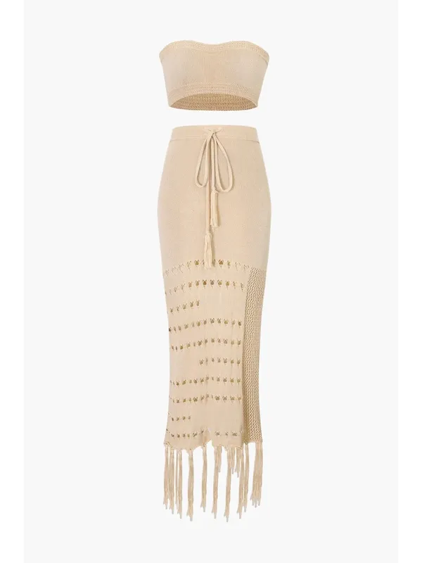 NWT [SET] Micas Knit Fringe Maxi Skirt M Beige Tassel Sheer Slit Bandeau Top - Image 2
