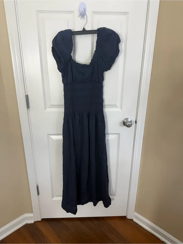 Reformation Riva Shirred Midi Dress in Midnight Blue M - Image 3