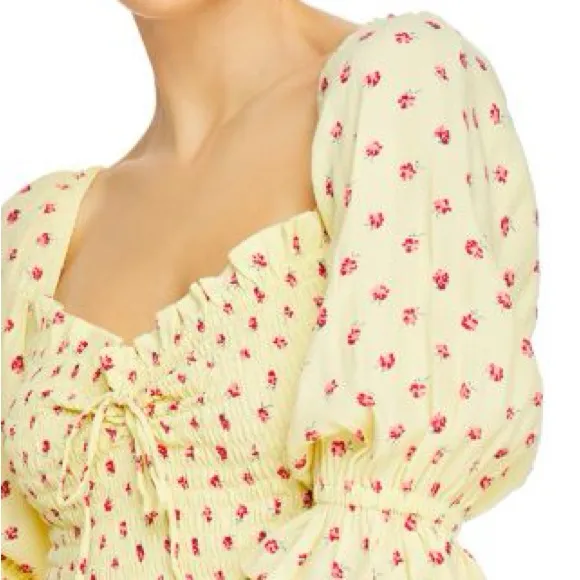 Faithfull the Brand Puff Sleeve Yellow Floral Sage Mini Dress Size Large - Image 2
