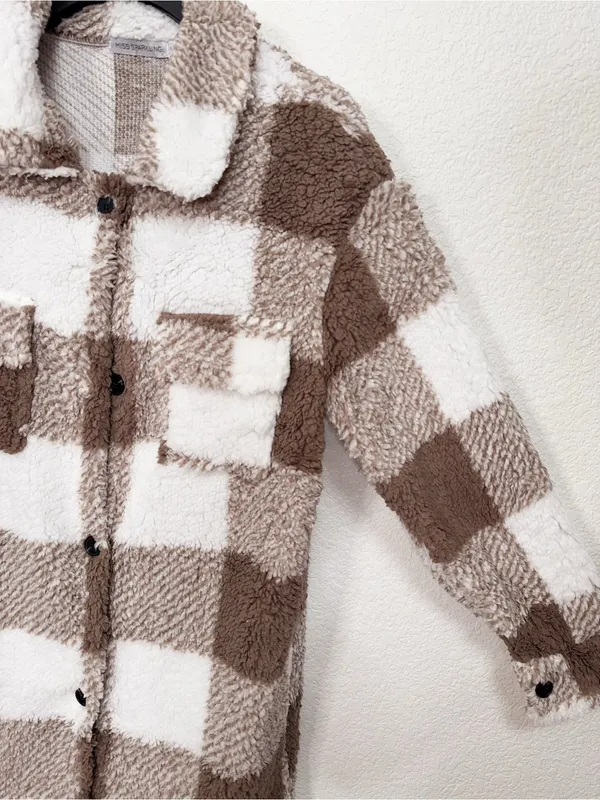 Miss Sparkling Brown Plaid Sherpa Shacket Oversized Longline Teddy Fleece Jacket - Image 5