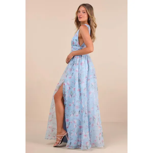 Lulus Garden Romance Organza Maxi Dress M Light Blue Floral Print Formal Wedding - Image 2