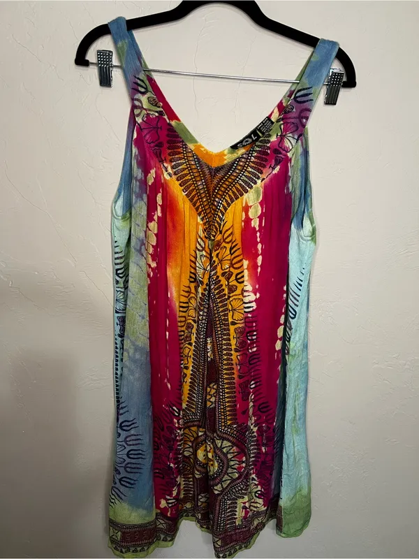 Sol Dashiki Rayon Tie Dye Boho Resort Cover-Up Mini Sundress Beach Vacation - Image 2