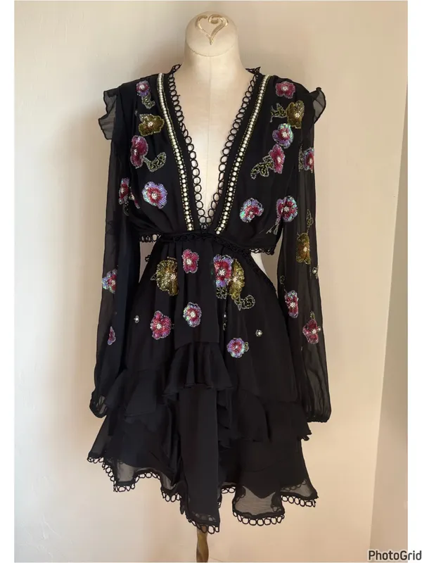 ASOS DESIGN black ruffle mini dress floral sequin pearl embellishment size 6 - Image 4