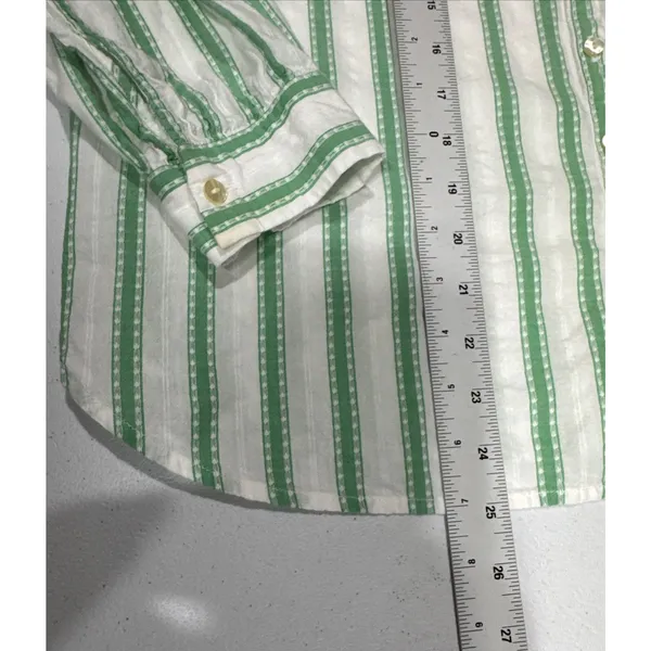 LOFT Green Striped Ruffle Long Sleeve Button Blouse M Cotton Top Peasant Modest - Image 13