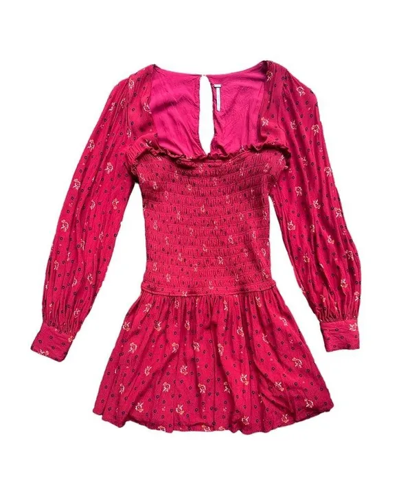 Free People Red Two Faces Printed Floral Boho Mini Dress Smocked Balloon Sleeve - Image 5