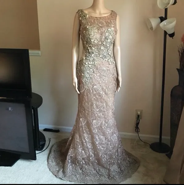 Embellished Taupe Evening Gown - Elegant Lace & Beaded dress - Image 3