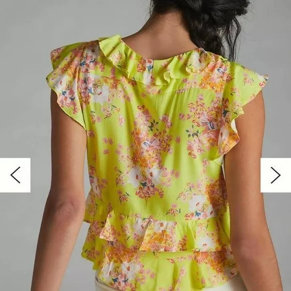 Maeve Anthropologie Ashlee Ruffled Blouse‎ 12 Yellow Floral V-Neck Sleeveless - Image 2