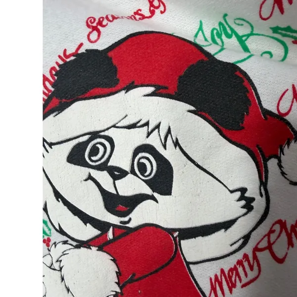 Vintage Christmas Panda Graphic Sweatshirt White Red Green Holiday Pullover L - Image 3