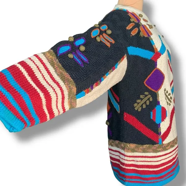 Vintage 90s Abstract Hand Knit Chunky Sweater‎ Bold Graphic Oversized Red Stripe - Image 3