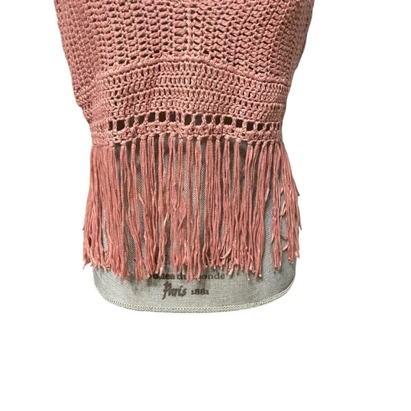 POL Crochet Fringe Crop Top Bralette – Boho Festival Tank, Dusty Rose Pink, Sz L - Image 7