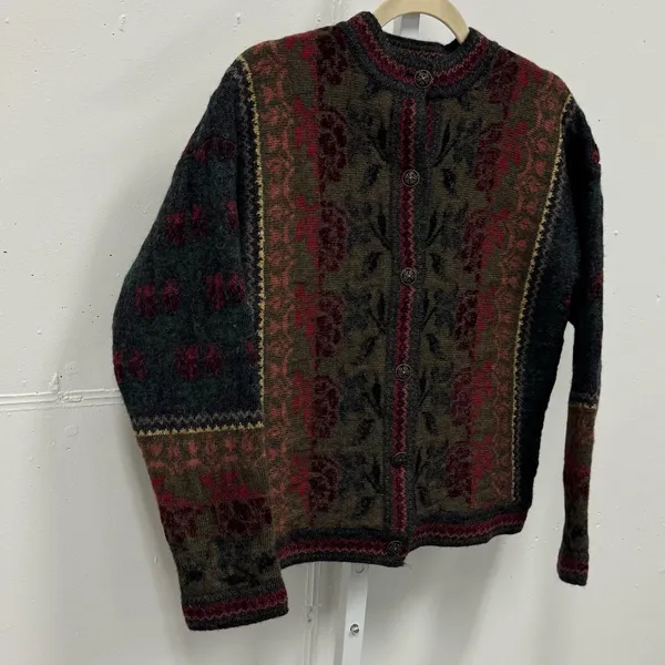 Vintage Cherry Lewis England Wool Jacquard Heritage Cardigan Sweater‎ Olive Med - Image 6