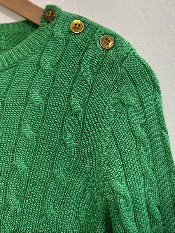Lauren Ralph Lauren Green Cable Knit Sweater Gold Shoulder Buttons PXS - Image 4