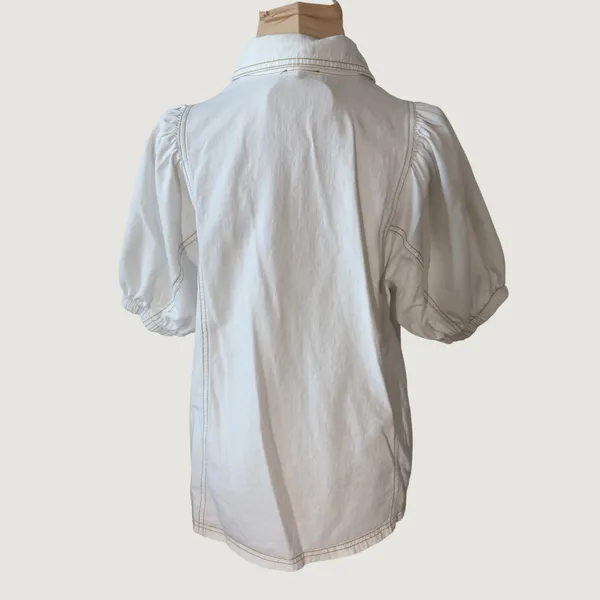 3157 | Entro Puff Sleeve Contrast Stitch Cottagecore Top White Womens M - Image 6