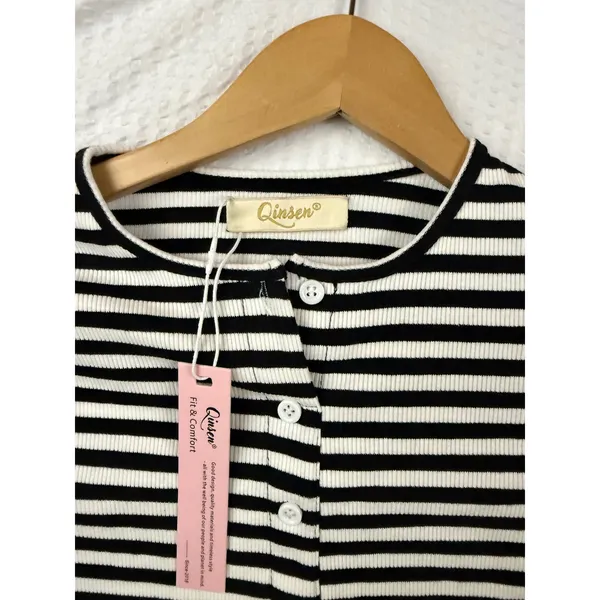 Qinsen Womens Striped Ribbed Knit Button Front Long Sleeve Cardigan Top Black S - Image 3
