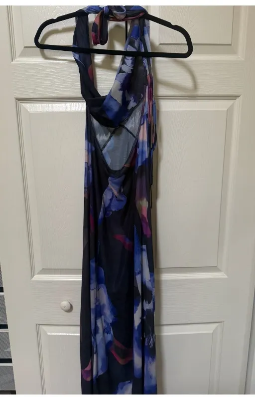 Purple Blue Floral Sheer Mesh Halter Cowl Maxi Dress - Image 3