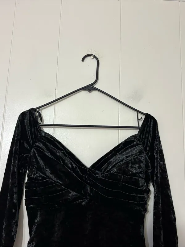 Sherri Hill Black Crushed Velvet Off Shoulder Mini Dress 6 Long Sleeve Cocktail - Image 8