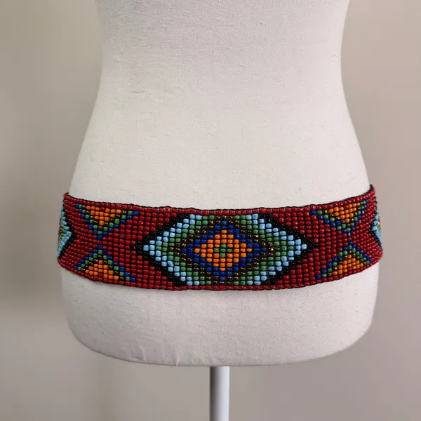 Vintage Seed Bead Geometric Diamond Wide Belt Red Stretch Wood Buckle 42in - Image 2