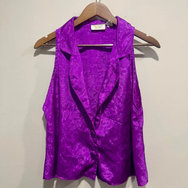 Vintage Victoria’s Secret Gold Label Purple Jacquard Satin Vest M - Image 3