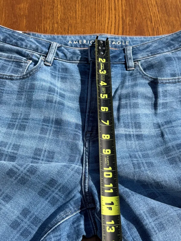 American Eagle Mom Straight Jeans Women 12 Short Blue Plaid Stretch - Image 6