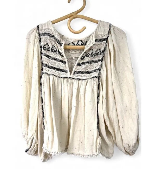 FREE PEOPLE L CYPRUS AVENUE Ivory Peasant Top Balloon Sleeve Embroidered Blouse - Image 3