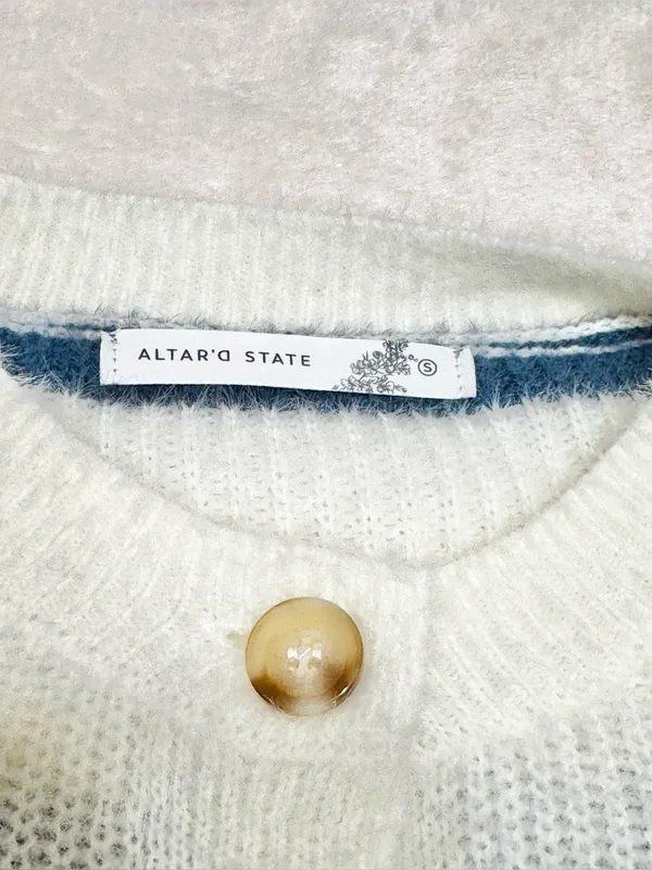 Altar'd State Blue and Cream Striped Button-Front Cropped Cardigan Size Small - Image 9