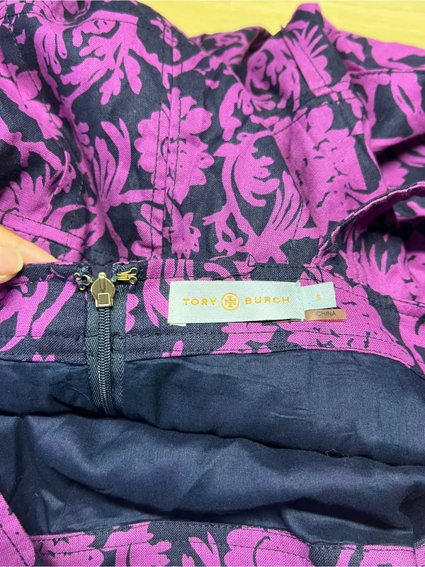 Tory Burch Jodie Floral Linen Cotton Fit & Flare Dress Purple Navy Size 6 - Image 9