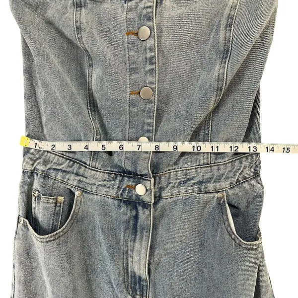 The Post Strapless Denim Jumpsuit S Light Wash Button Front Wide Leg‎ Y2K - Image 7