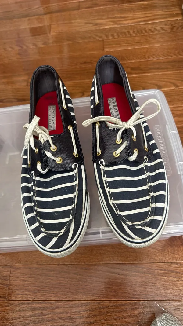 Sperry Black & White Striped Canvas Boat Shoes with Red Insole - Image 26
